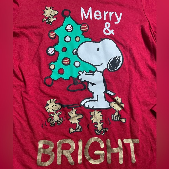 Youth Large 10/12 Peanuts Snoopy & Woodstock Christmas Long Sleeve Shirt Red GUC - Picture 2 of 5